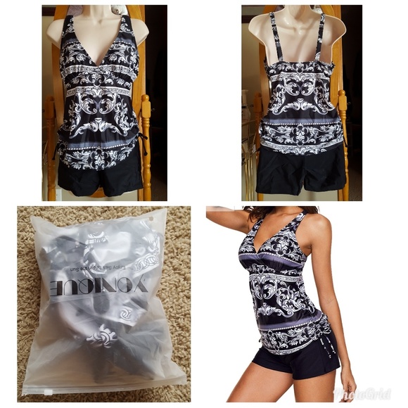 2 PIECE FLORAL V NECK TANKINI BOYSHORT SET - Picture 1 of 4
